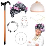 7 Stück Oma Kostüm Set, Großmutter Cosplay Zubehör Set mit Oma Perücke Perücke Kappe...