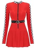 Aislor Damen Rennfahrer Kostüm Kleid Langarm Slim Fit Minikleid mit Zipper Gürtel Pullover Kleid...
