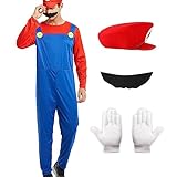 Ficlwigkis Mario Kostüm Luigi Kostüm Set,4 Pcs Mario und Luigi Bodysuit Kostüm Herren Damen mit...