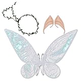 Feenflügel Kostüm, Damen Mädchen Schmetterlingsflügel Elfenflügel mit Elfenohren Blumenkranz...