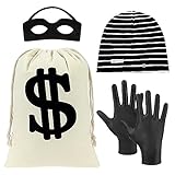 BTHRORO 4 Teiliges Räuber Kostüm Set Kinder, Dollar Geldbeutel Banditen Augenmaske Strickmütze...