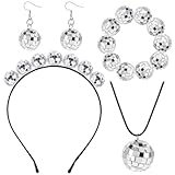 DSLSQD 4 Stück Discokugel Spiegelkugel Schmuck Set,Disco Silber Accessoires mit Discokugel...