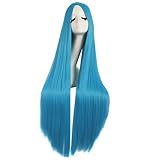 MapofBeauty 40 Zoll/100cm Schnitzen Lange Lockige Cosplay Anime Kostüm Party Perücke (Cyan Blau)