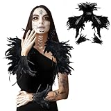 RoserRose Federkragen Schwarz mit Feder Manschetten, Black Swan Kostüm Gothic Federkragen Feder...