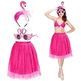 LOHAME 3tlg Flamingo Kostüm Damen Hawaii Kostüm Accessoire Flamingos Haarreif Brille Rosa Tuturock...