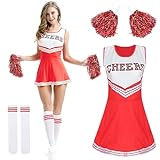 HBSFBH Cheerleader Kostüm Damen, Cheerleader Outfit Rot Cheerleader Kostüm mit Cheerleader Pompons...
