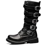 DJFOG Herren-Punk-Rock-Motorradstiefel, Retro-Metallschnalle, mittelhohe Stiefel, Schnürstiefel,...