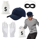 4 Stück Räuber Kostüm Set,Bankräuber Kostüm,Dollar Geldbeutel Banditen Augenmaske Hut...