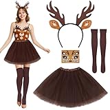 Dreamtop Reh Kostüm Damen für Damen - Faschingskostüm Erwachsene mit Tüllrock Braun Geweih...