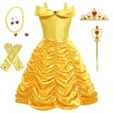 Foierp Prinzessin Belle Kostüme Mädchen Drop Shoulder Belle Kleid mit Handschuhe Diadem Zauberstab...