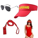 UILYNIU 3 Stück Lifeguard Fasching Kostüm Herren Damen, Rot Lifeguard Visor Cap Sonnenbrille...