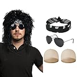 AOMIG Vokuhila Perücke Schwarz, 5 Stück Punk Gothic Rocker Kit mit Perücke 2 x Nylon Wig Cap...