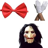 thematys Saw Jigsaw Maske SET – Vollkopfmaske mit Handschuhen und Fliege, aus Latex, gruseliges...