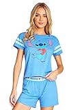 Disney Schlafanzug Damen Sommer Kurz Stitch Winnie Pooh (Blau Stitch, L)