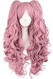 MapofBeauty Lolita lange lockige geheftet auf Pferdeschwanz Cosplay Perücke (Pinkgrau)