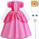 5 Stück Prinzessin Peach Kostüm, Pfirsich Mädchen Kleider Glanz Kinder Karneval Party Halloween...