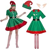 Weihnachtself, Elfen Kostüm Kinder, Weihnachtskostüm Mädchen Damen, Elfenohren Elfenmütze...