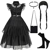 YIMOJOY Wednesday Kostüm Kinder Mädchen 6 Stück Deluxe Schwarzer Kleid Set mit Perücke Wednesday...