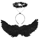 SULOLI Engelsflügel Schwarz Federflügel Engel Set Deko Kostüm mit Heiligenschein für...