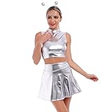 Alien Kostüm Damen Sexy Metallic Kleider Silber Top+ Glänzend Rock+ Alien Haarreif Space Girl...
