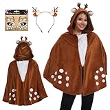 WELLCHY Rentier Karneval Damenkostüm, Rentier Geweih Haarreifen mit Rentier Ohren, Reh Bambi Cape...