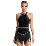 Jugaoge Damen Strass Latein Tanz Body Neckholder Rückenfrei Leotard mit Fransen Rock Salsa Cha-cha...