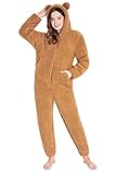 CityComfort Jumpsuit Damen Kuschelig Fleece Onesie Damen Flauschig S-XL (Teddy Braun, M)