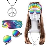 iZoeL Hippie Kostüm Damen Herren, Hippie Perücke Sonnenbrille Peace Halskette Anhänger Batik...