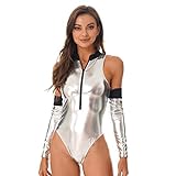 iixpin Astronaut Kostüm Damen Sexy Faschingkostüm Metallic Bodysuit Einteiler Body mit Handschuhe...