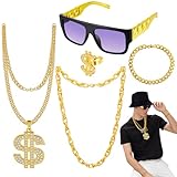 Hysagtek Zuhälter Kostüm Herren,5 Stück Goldkette Rapper Kostüm mit Dollar Kette & Ringe,Rapper...