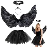 3 Stück Schwarz Engel Kostüm Damen,60cm Engelsflügel Erwachsene mit Heiligenschein,70-110cm...