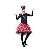 Oblique Unique Damen Maus Mouse Kostüm Rot Weiß Schwarz mit Rock Gepunktet + Perlen Kette + Maus...