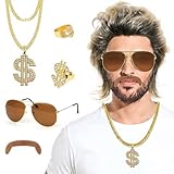 Forhandy 80er Jahre Outfit Set - 6 Stück Herren Vokuhila Perücke, Goldkette, Ringe, Sonnenbrille...