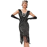 BOFUNX Damen Pailletten 1920s Kleid V Ausschnitt Knielang Charleston Kleid Flapper Gatsby...