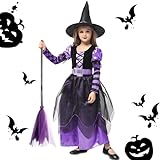 NCKIHRKK Hexenkostüm für Mädchen, 3 Teiliges Halloween Hexe Kostüm Kinder mit Hexenhut, Besen,...