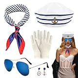 SKHAOVS 5 Stück Frauen Matrosen Kostüm Set,Matrosenmütze Sonnenbrille Quadratisches Set,Marine...
