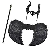DECARETA Maleficent Kostüm Halloween Flügel Feder Engel Flügel Schwarz Federflügel Hörner...