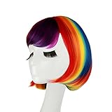 Bob Perücke Karneval Regenbogen ca.30cm für Damen und Frauen, glatte Bunte Kurzhaarperücke für...