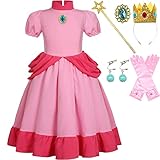 Coseaon Prinzessin Peach Kostüm Mädchen Pfirsich Kleider Cosplay Costume Set mit Krone Handschuhe...