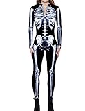 Halloween Kostüm Damen Skelett, Schwarzes Gruselig Skelett Leggings mit V-Ausschnitt...