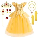 YYDSXK Prinzessin Kleid Mädchen, Belle Kostüm Mädchen mit Krone Zauberstab Halsketten Set,...