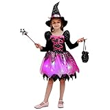 Azptan Mädchen Hexenkostüm mit Lichter, Kinder Zauberer verkleiden Cosplay Kostüm Set 4 teilig,...