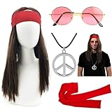 iZoeL Hippie Kostüm Set 4tgl. Perücke + Sonnenbrille + Peace Halskette Anhänger + Stirnband,...