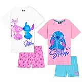 Disney Stitch Schlafanzug Mädchen Kurz, Pyjama T-Shirt & Shorts - Stitch Sachen (Rosa/Blau -...