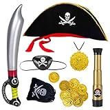 Aurasky Piraten Kostüm zubehör Kinder 7-teilig,Piratenhut Augenklappe Fernrohr Piratensäbel...