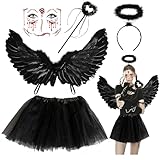 YADODO Engel Kostüm Damen Set mit Engelsflügel Schwarz Heiligenschein TuTu Rock und Zauberstab...