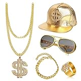 ZJRung Hip Hop Kostüm Kit 5 Stück 80/90er Rapper Zubehör Hip Hop Dollar Halskette Goldring...