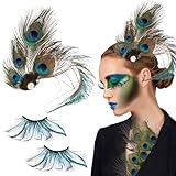 BETESSIN Pfau Kostüm Damen Falsche Wimpern Lang Pfauenfeder Haarspangen Haar Clips Künstliche...