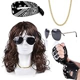 Humairc Rocker Perücke Locken Perücken Herren Damen Rocker Handschuhe Sonnenbrille Halskette...