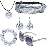 5 Stück 1970er Discokugel Spiegelkugel Schmuck Set Party Ohrringe Halskette, Metallische Discokugel...